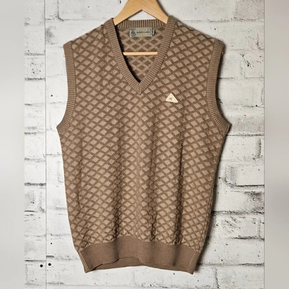 Monte Carlo Men's Wool Sweater Vest XL (40) Brown Tan Textured V-Neck
